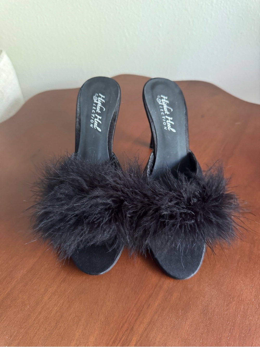 Black Feather Satin Mule Heels